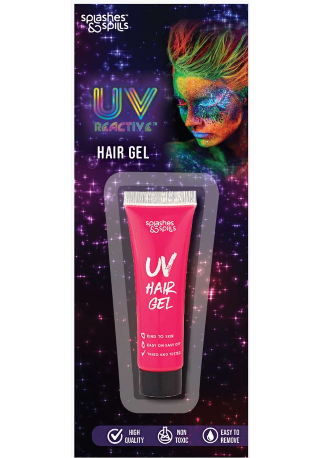 UV Reactive Hair Gel packaging with colorful hair on a starry background