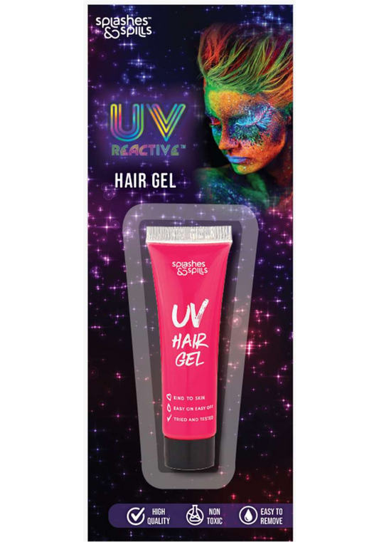 UV Reactive Hair Gel packaging with colorful hair on a starry background